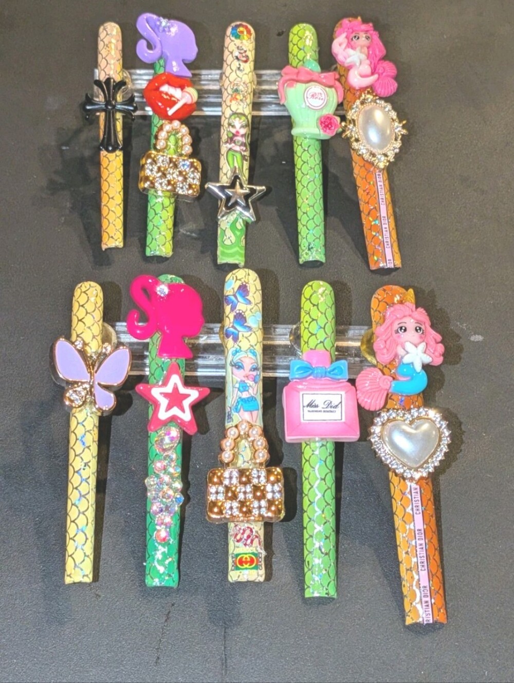 Hand Crafted 6Xl Whimsical Mermaid & Charm Press-On Nails - Pink, Green, Orange